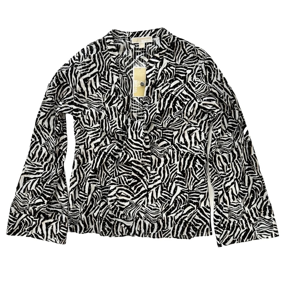 Michael Kors Silver Metallic Zebra-Print Tie Top Black & White NWT- Size Small